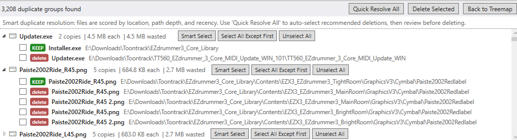 Duplicate file finder results showing grouped duplicates