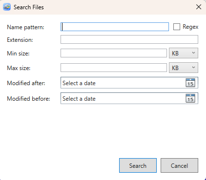 Advanced search dialog with multiple filter criteria